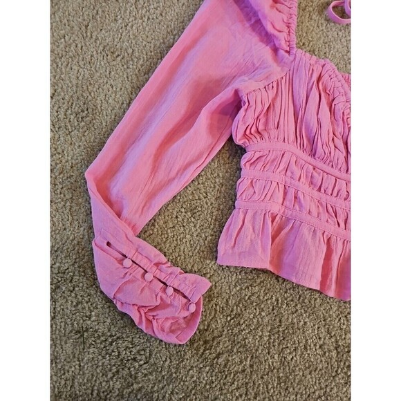 Free People Chloe Top Aurora Pink SMALL Sweetheart Neckline Smocked Back Tie $98 - Picture 5 of 9